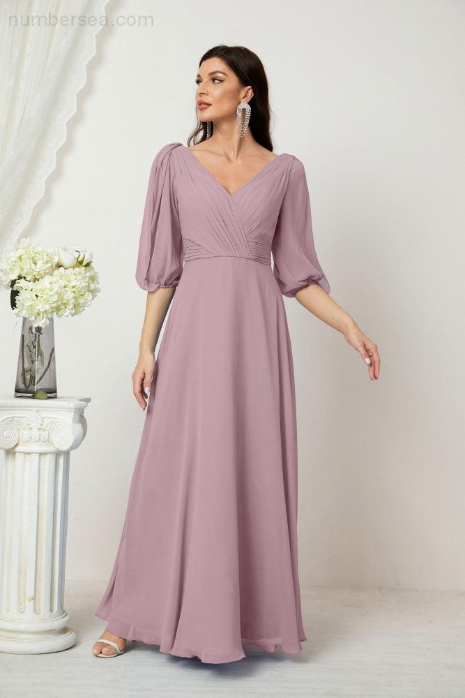 Numbersea Formal Prom Gown Women V-Neck Chiffon Bridesmaid Dresses Long Bishop Sleeve Party Dress 2807-numbersea