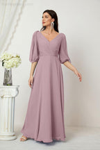 Numbersea Formal Prom Gown Women V-Neck Chiffon Bridesmaid Dresses Long Bishop Sleeve Party Dress 2807-numbersea