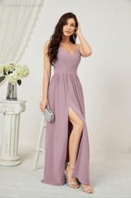 Numbersea Neck Bridesmaid Dresses Chiffon Long Spaghetti A-line Formal Prom Gown for Wedding Party Evening 2801-numbersea