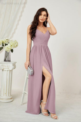 Numbersea Neck Bridesmaid Dresses Chiffon Long Spaghetti A-line Formal Prom Gown for Wedding Party Evening 2801-numbersea