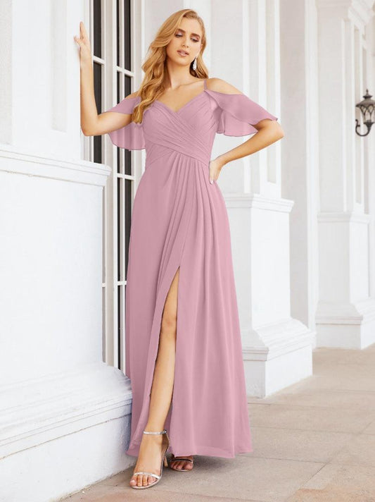 Numbersea Cold Shoulder Long Bridesmaid Dresses Side Slit Formal Prom Gowns Party Wedding 28070-numbersea