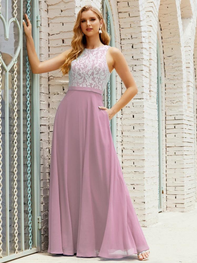Lace Bridesmaid Dress Floor Length Evening Gowns with Pockets 28017-numbersea