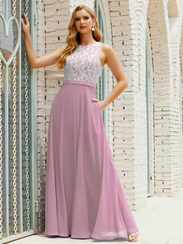 Lace Bridesmaid Dress Floor Length Evening Gowns with Pockets 28017-numbersea