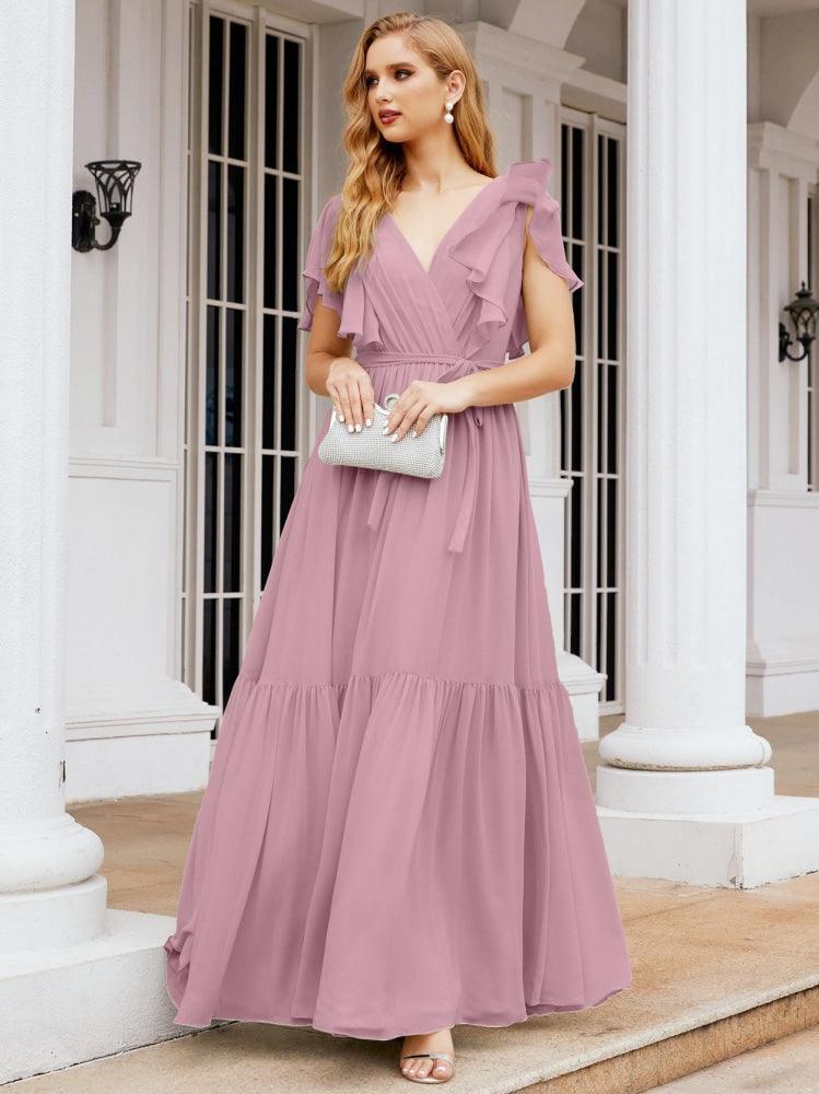 Numbersea Women's Open Back Formal Evening Party Prom Gowns V-Neck Long Chiffon Bridesmaid Dresses with Waist Belt 28038-numbersea