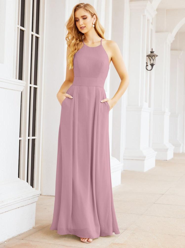 Numbersea Halter Bridesmaid Dresses with Pockets Sleeveless Formal Evening Party Prom Gowns 28055-numbersea