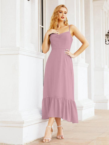 Numbersea Women Strap Chiffon Bridesmaid Dress Ankle Length Sleeveless Blackless Ruffle A Line