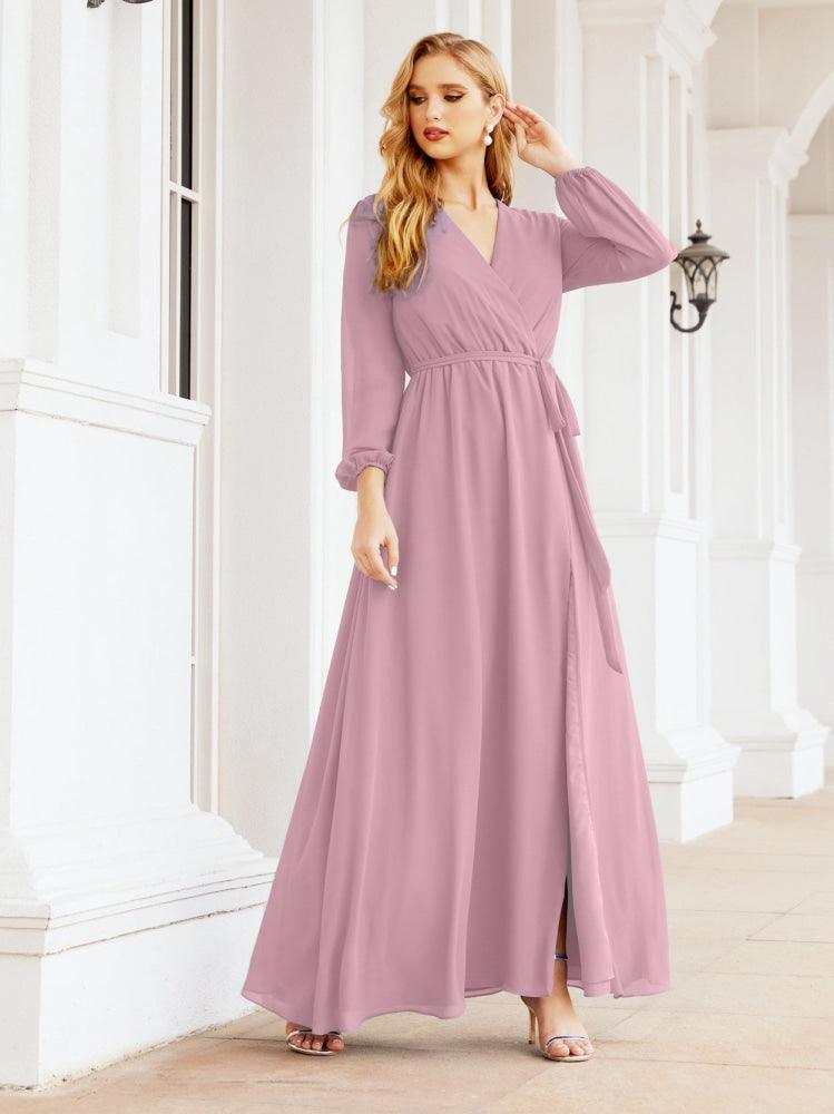 Numbersea Women's Chiffon Bridesmaid Dress A line Long Sleeves Formal Evening Prom Gown for Wedding Guest 28032-numbersea