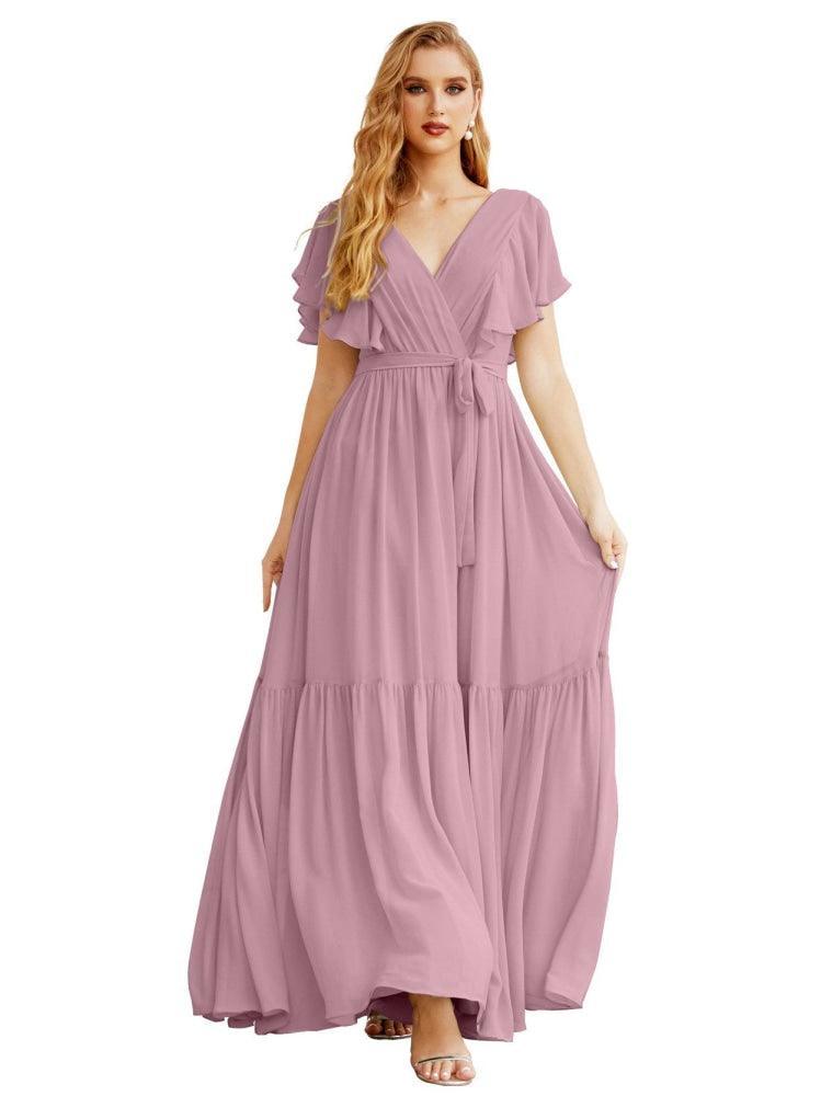 NumberSea - Women's Open Back Formal Evening Party Prom Gowns V - Neck Long Chiffon Bridesmaid Dresses with Waist Belt SEA28038