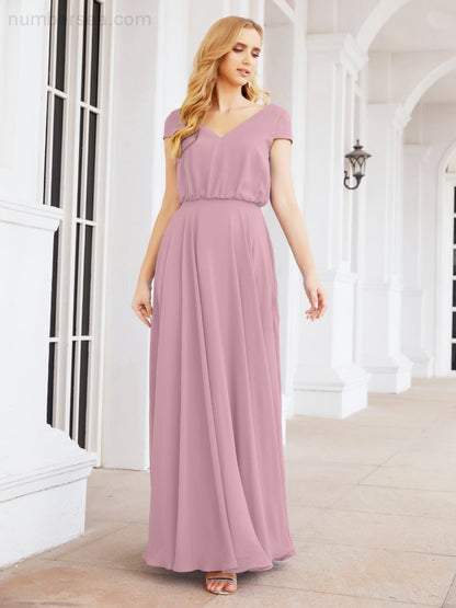 Numbersea V-Neck Bridesmaid Dresses Long Cap Sleeves Prom Evening Formal Gowns 28071-numbersea