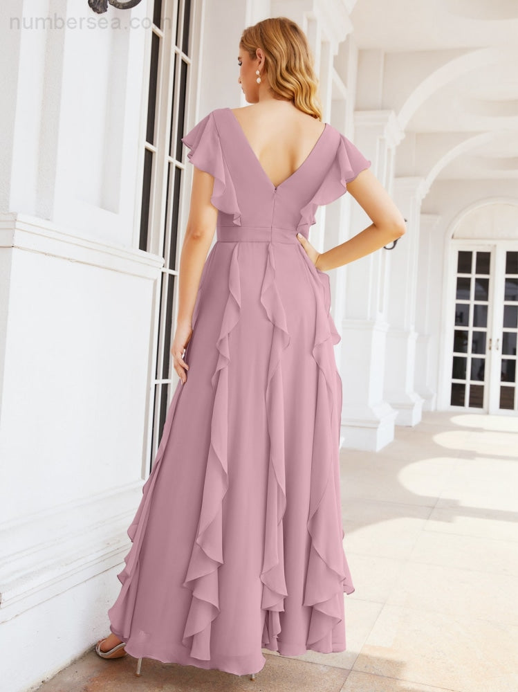 Ruffled Bridesmaid Dresses with Sleeves Long Formal Party Dress 28041-numbersea