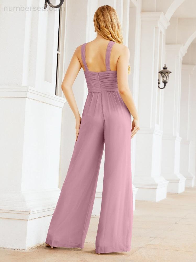 Numbersea Crisscross Neck Jumpsuit Formal Evening Dress Long Bridesmaid Dresses Bell-bottomed Pants 28033-numbersea