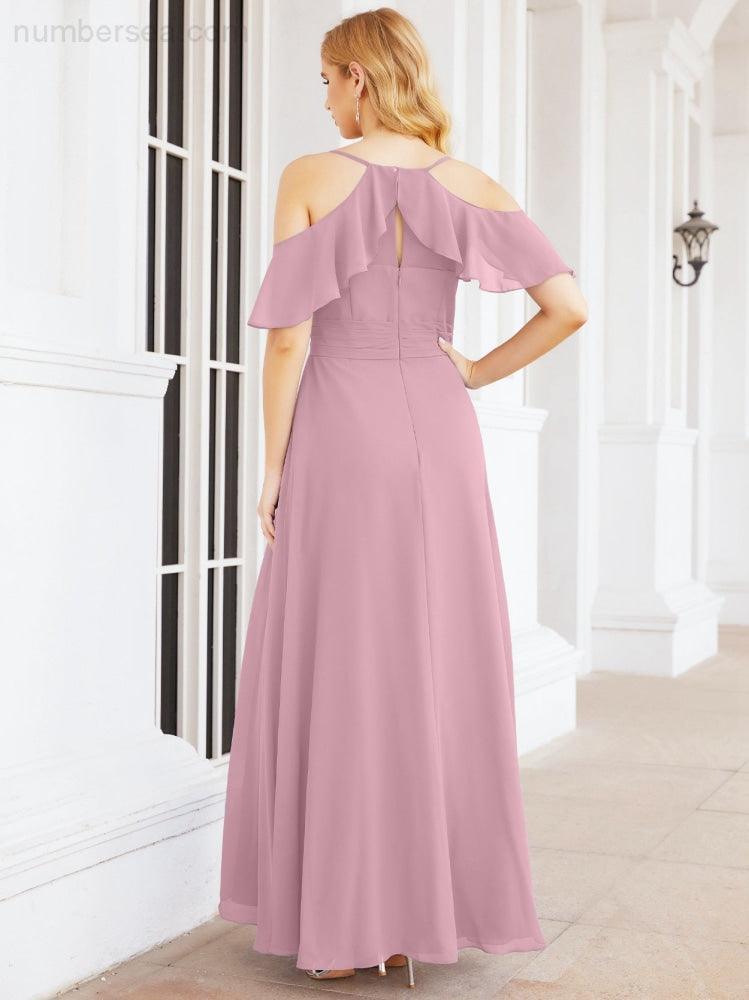 Numbersea Cold Shoulder Long Bridesmaid Dresses Side Slit Formal Prom Gowns Party Wedding 28070-numbersea