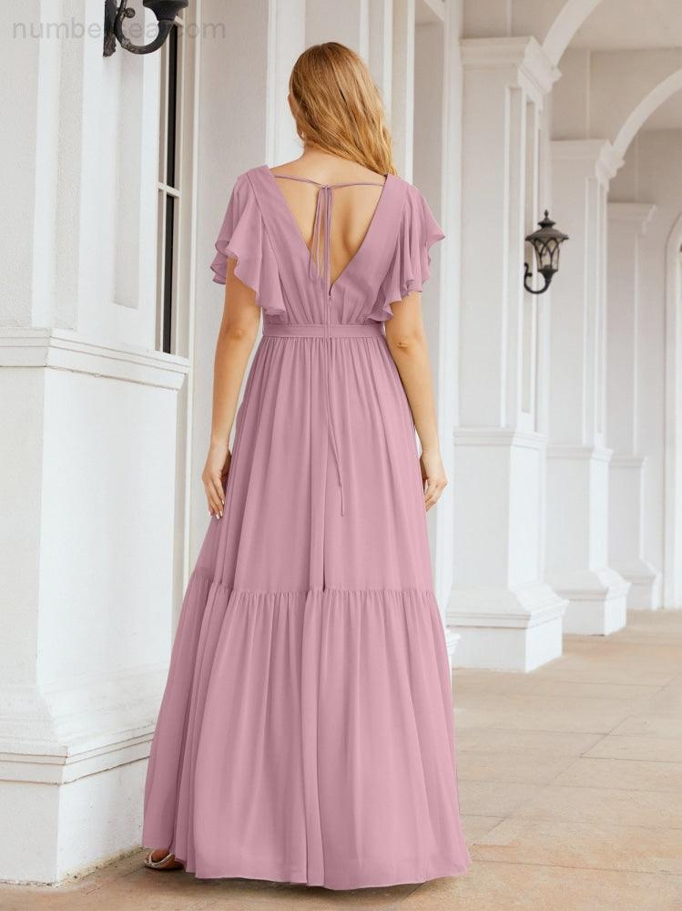 Numbersea Women's Open Back Formal Evening Party Prom Gowns V-Neck Long Chiffon Bridesmaid Dresses with Waist Belt 28038-numbersea