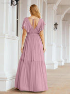 Numbersea Women's Open Back Formal Evening Party Prom Gowns V-Neck Long Chiffon Bridesmaid Dresses with Waist Belt 28038-numbersea