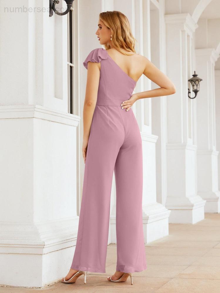 Numbersea Womens One Shoulder Chiffon Long Jumpsuit Formal Evening Dress Bridesmaid Dresses Pants