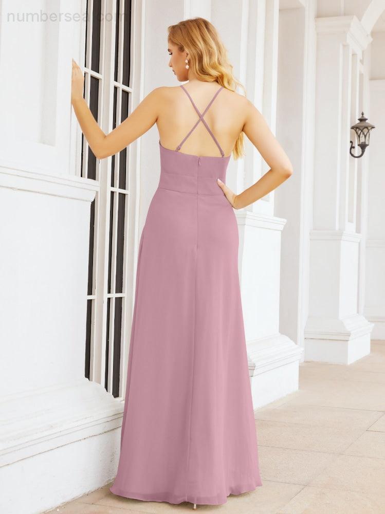 Numbersea Halter Bridesmaid Dresses with Pockets Sleeveless Formal Evening Party Prom Gowns 28055-numbersea