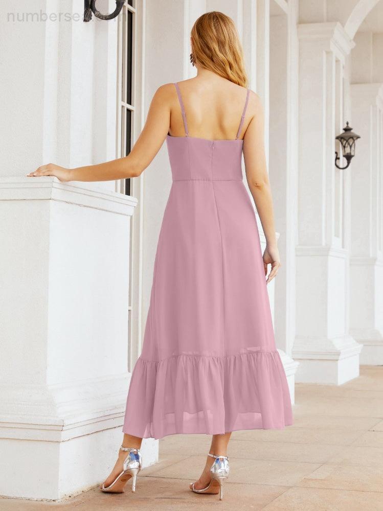 Numbersea Women Strap Chiffon Bridesmaid Dress Ankle Length Sleeveless Blackless Ruffle A Line