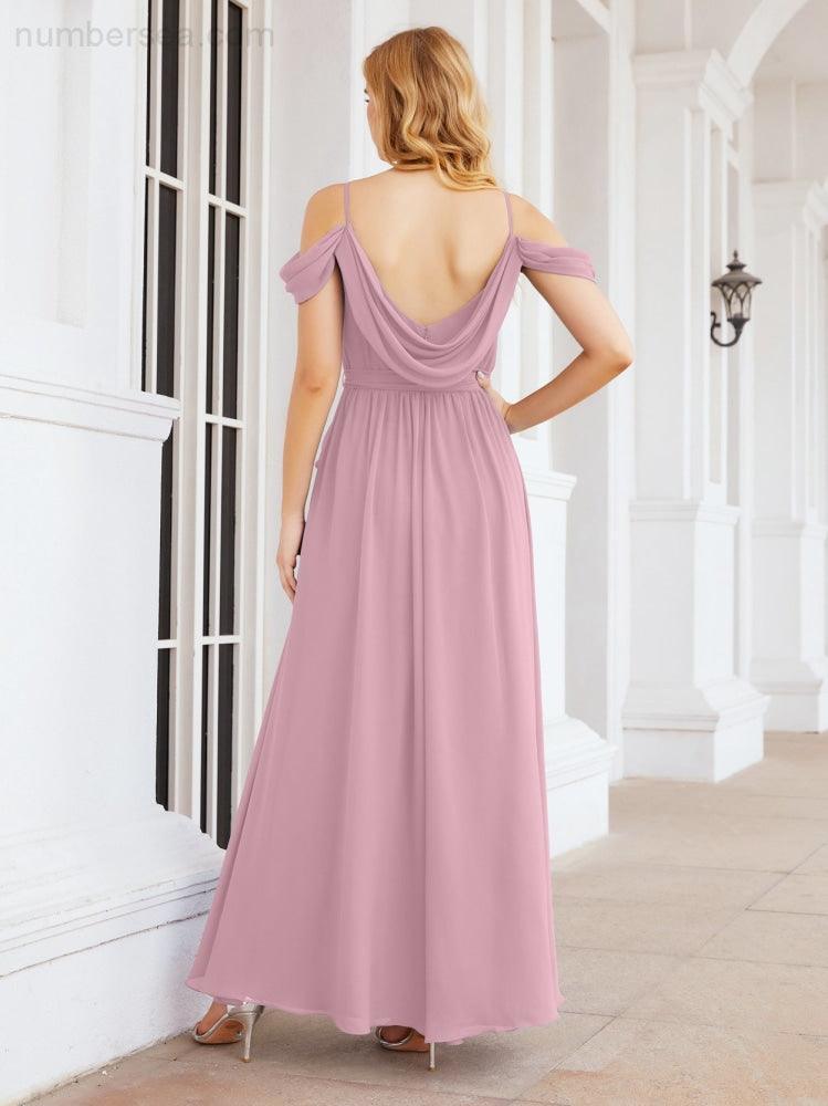 Numbersea Off The Shoulder Chiffon Bridesmaid Dress Long Formal Graduation Gown with Cowl Back 28069-numbersea