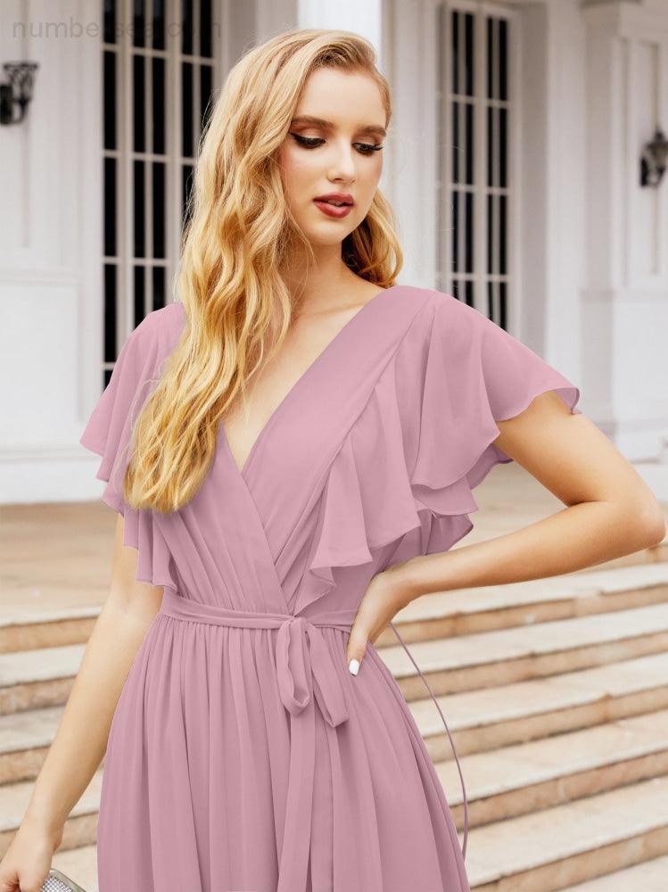Numbersea Women's Open Back Formal Evening Party Prom Gowns V-Neck Long Chiffon Bridesmaid Dresses with Waist Belt 28038-numbersea