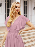 Numbersea Women's Open Back Formal Evening Party Prom Gowns V-Neck Long Chiffon Bridesmaid Dresses with Waist Belt 28038-numbersea