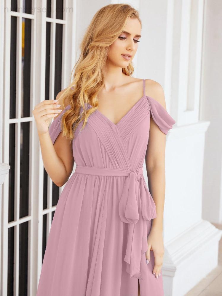 Numbersea Off The Shoulder Chiffon Bridesmaid Dress Long Formal Graduation Gown with Cowl Back 28069-numbersea