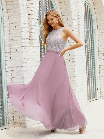 Lace Bridesmaid Dress Floor Length Evening Gowns with Pockets 28017-numbersea