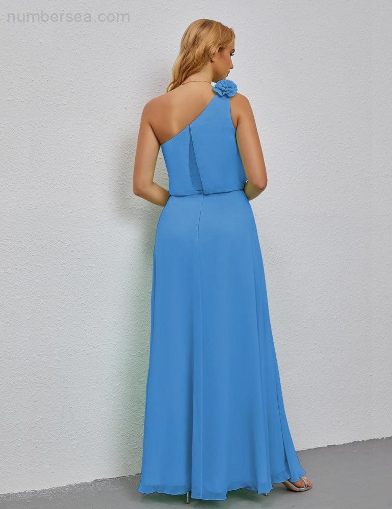 Ruffled One Shoulder Sleeveless Long Bridesmaid Dresses A-line Formal Evening Gown Side Split 28080-numbersea