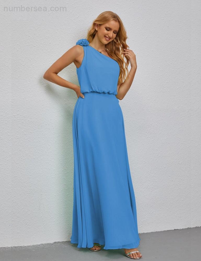 Ruffled One Shoulder Sleeveless Long Bridesmaid Dresses A-line Formal Evening Gown Side Split 28080-numbersea