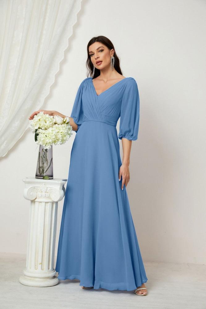 Numbersea Formal Prom Gown Women V-Neck Chiffon Bridesmaid Dresses Long Bishop Sleeve Party Dress 2807-numbersea