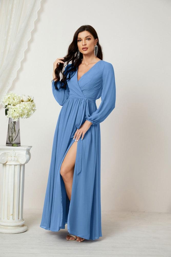 Numbersea Evening Dresses Deep V-Neck Chiffon Bridesmaid Dresses Long Bishop Sleeve Side Split Formal Dress 2806-numbersea
