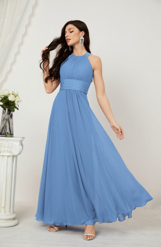 Numbersea Formal Party Gown Dress Chiffon Halter Long Sleeveless Bridesmaid Dresses 2802 Blue