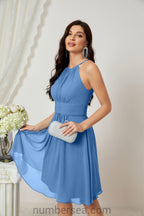 Halter Bridesmaid Dresses Knee Length A Line Formal Evening Party Cocktail Dress 28011 Blue