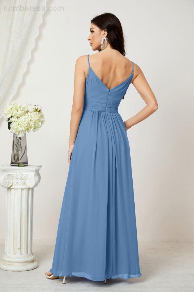Numbersea Chiffon V-Neck Bridesmaid Dress Spaghetti Strap Long Formal Party Prom Gowns with Slit 28010-numbersea
