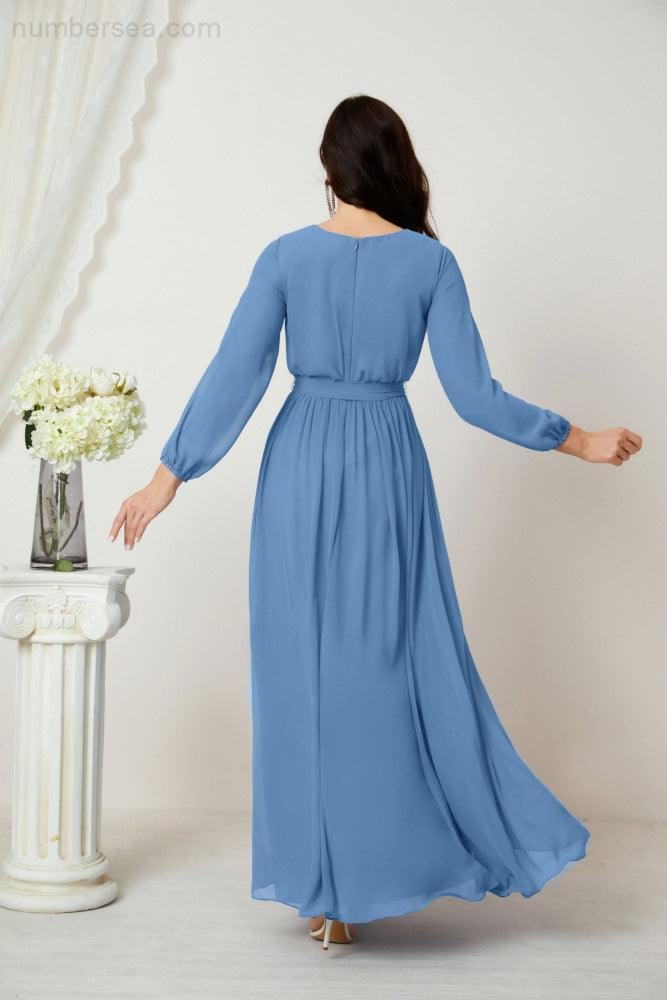 Numbersea Evening Dresses Deep V-Neck Chiffon Bridesmaid Dresses Long Bishop Sleeve Side Split Formal Dress 2806-numbersea