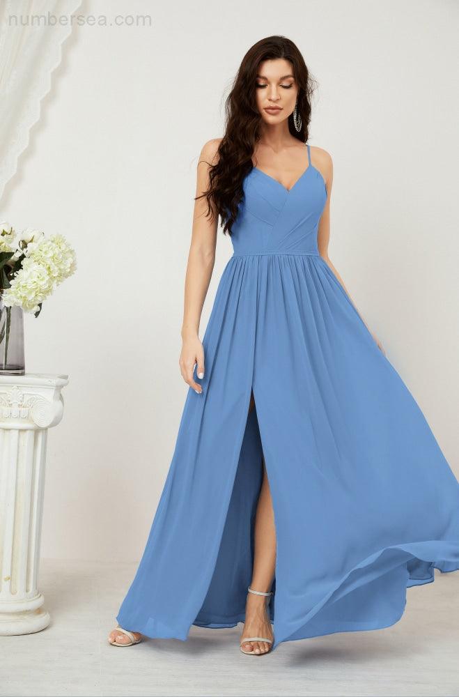 Numbersea Neck Bridesmaid Dresses Chiffon Long Spaghetti A-line Formal Prom Gown for Wedding Party Evening 2801-numbersea