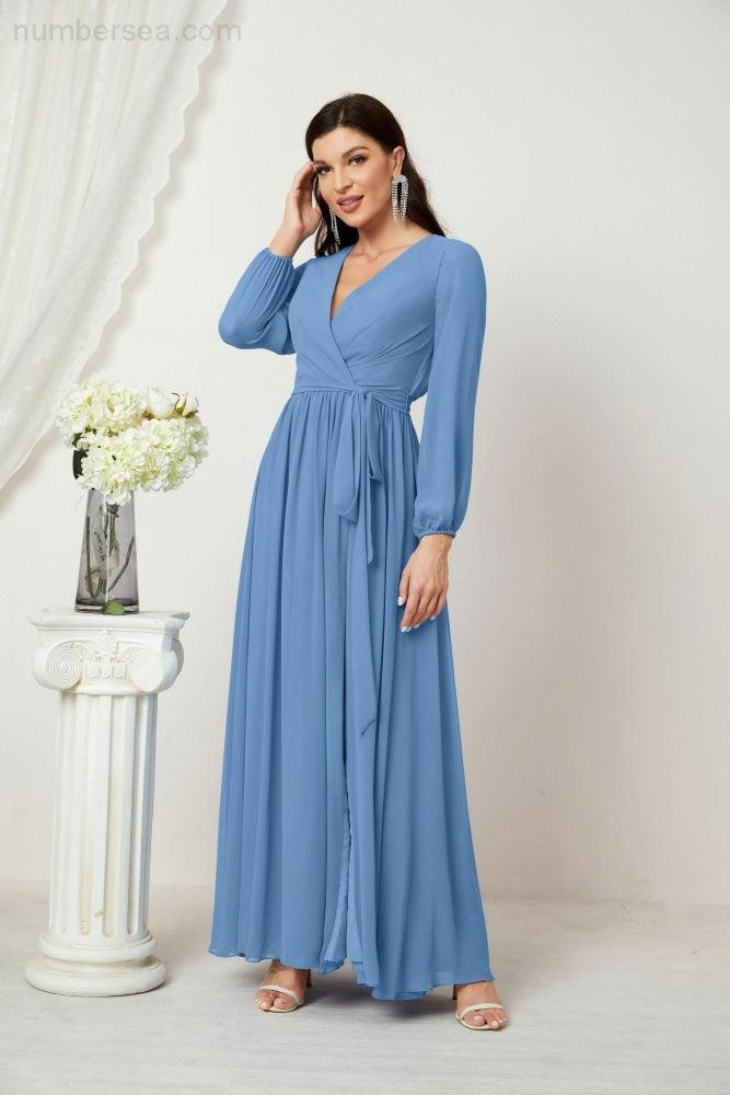 Numbersea Evening Dresses Deep V-Neck Chiffon Bridesmaid Dresses Long Bishop Sleeve Side Split Formal Dress 2806-numbersea