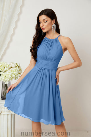 Halter Bridesmaid Dresses Knee Length A Line Formal Evening Party Cocktail Dress 28011