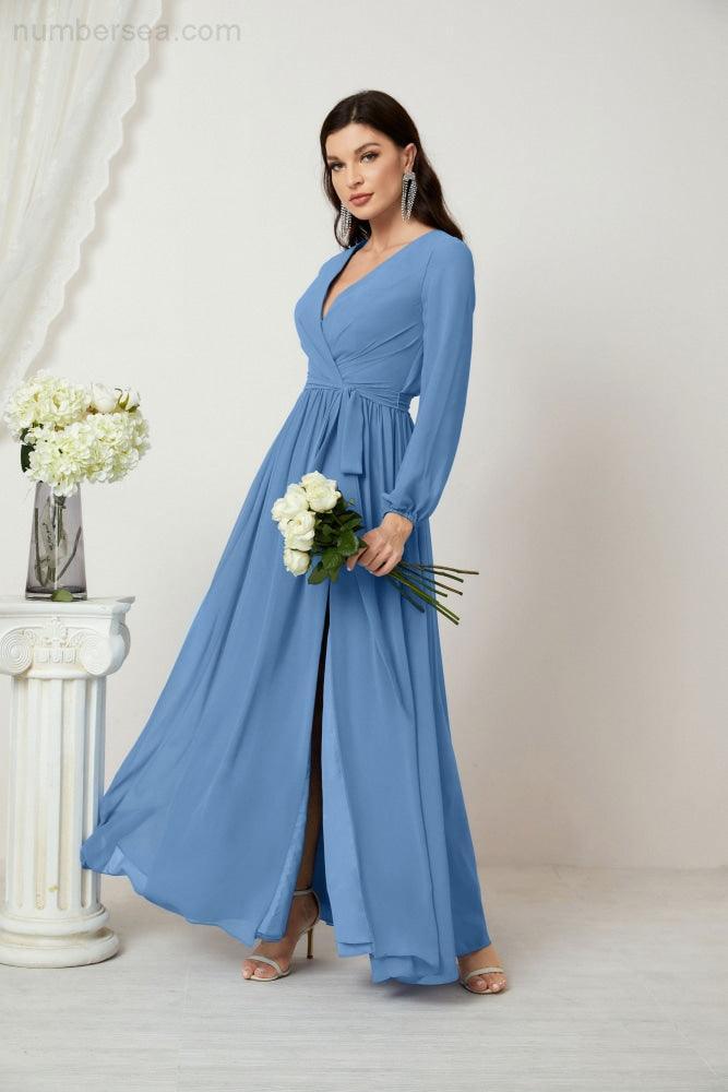 Numbersea Evening Dresses Deep V-Neck Chiffon Bridesmaid Dresses Long Bishop Sleeve Side Split Formal Dress 2806-numbersea