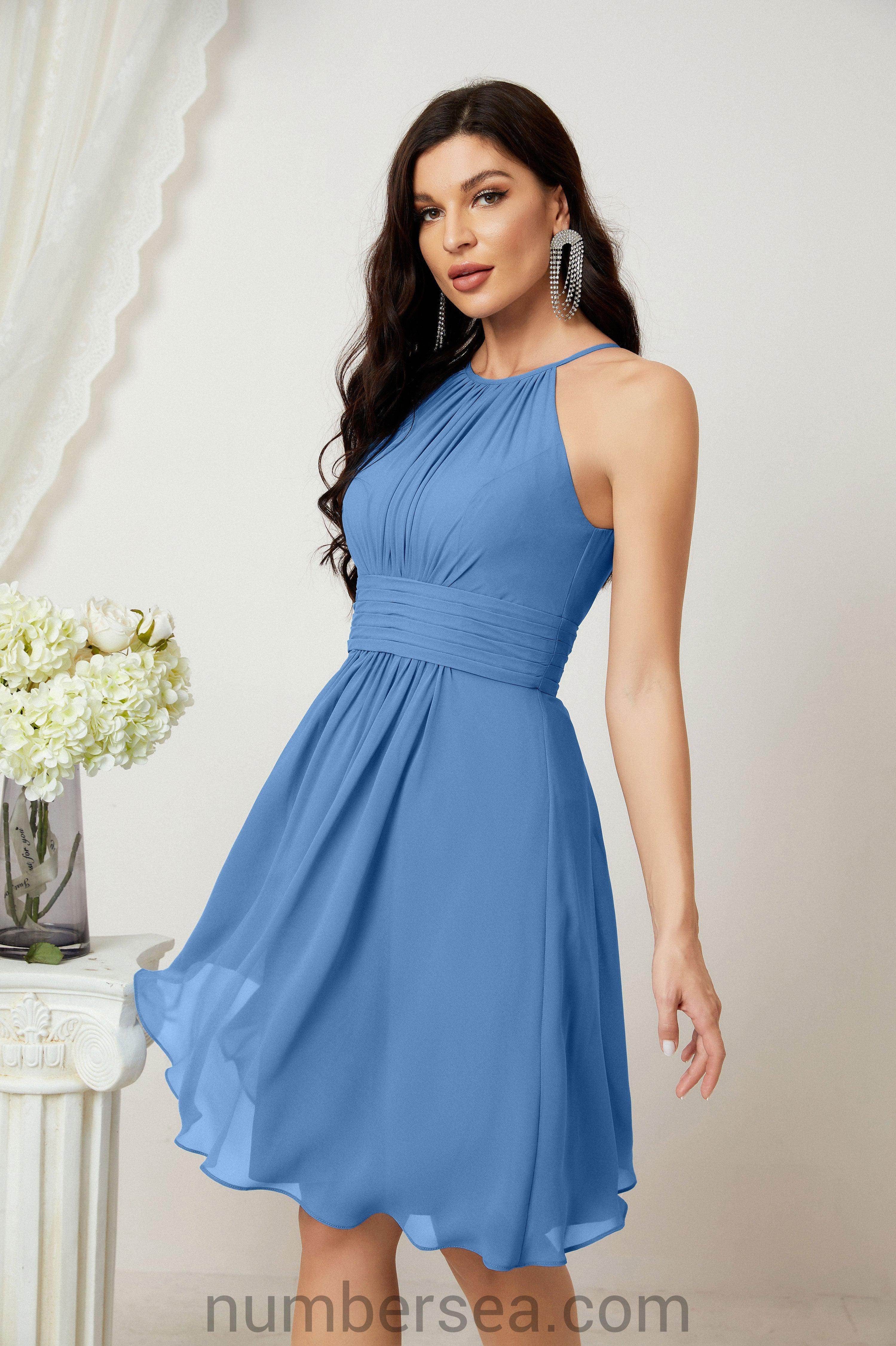 Halter Bridesmaid Dresses Knee Length A Line Formal Evening Party Cocktail Dress 28011