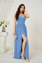 Numbersea Neck Bridesmaid Dresses Chiffon Long Spaghetti A-line Formal Prom Gown for Wedding Party Evening 2801-numbersea