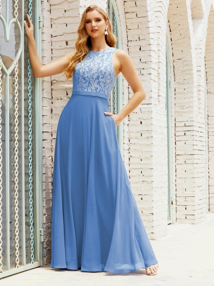 Lace Bridesmaid Dress Floor Length Evening Gowns with Pockets 28017-numbersea