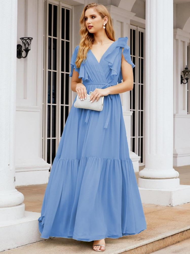 Numbersea Women's Open Back Formal Evening Party Prom Gowns V-Neck Long Chiffon Bridesmaid Dresses with Waist Belt 28038-numbersea