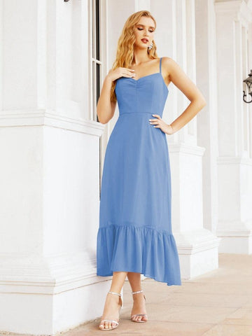 Numbersea Women Strap Chiffon Bridesmaid Dress Ankle Length Sleeveless Blackless Ruffle A Line