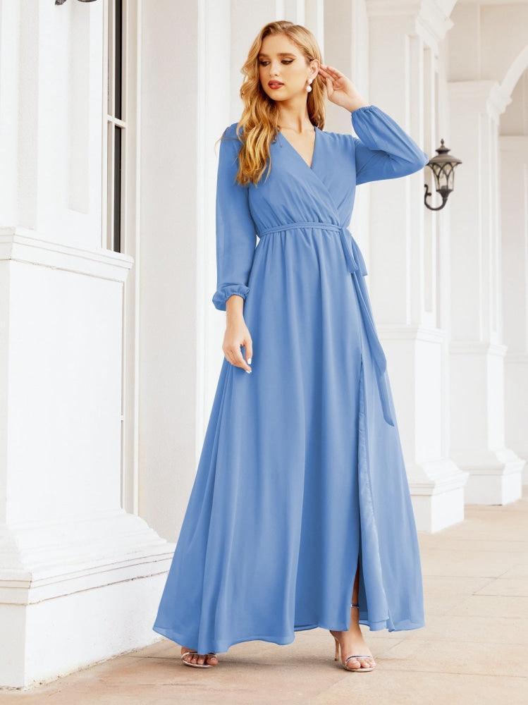 Numbersea Women's Chiffon Bridesmaid Dress A line Long Sleeves Formal Evening Prom Gown for Wedding Guest 28032-numbersea