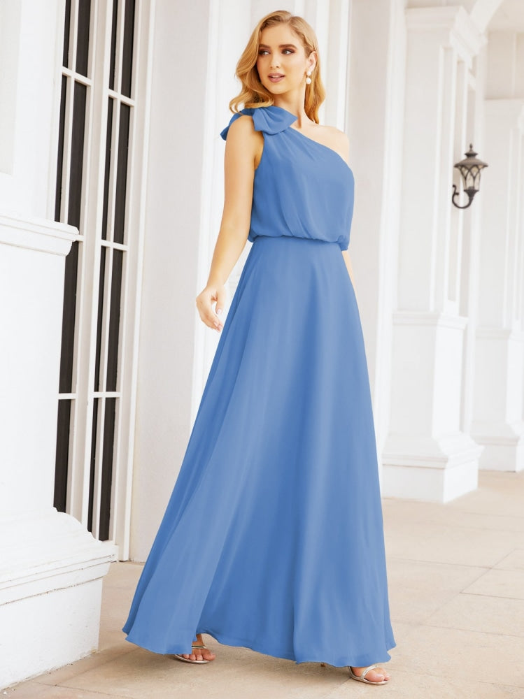 Numbersea Chiffon Ruffled One Shoulder Sleeveless Long Bride Dresses A-line Formal Evening Gown Side Split 28057-numbersea