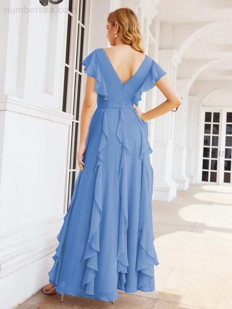 Ruffled Bridesmaid Dresses with Sleeves Long Formal Party Dress 28041-numbersea