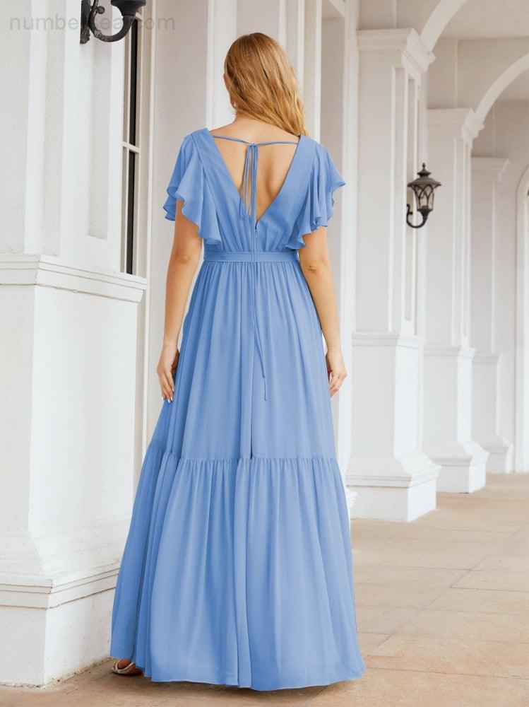 Numbersea Women's Open Back Formal Evening Party Prom Gowns V-Neck Long Chiffon Bridesmaid Dresses with Waist Belt 28038-numbersea