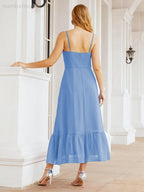 Numbersea Women Strap Chiffon Bridesmaid Dress Ankle Length Sleeveless Blackless Ruffle A Line