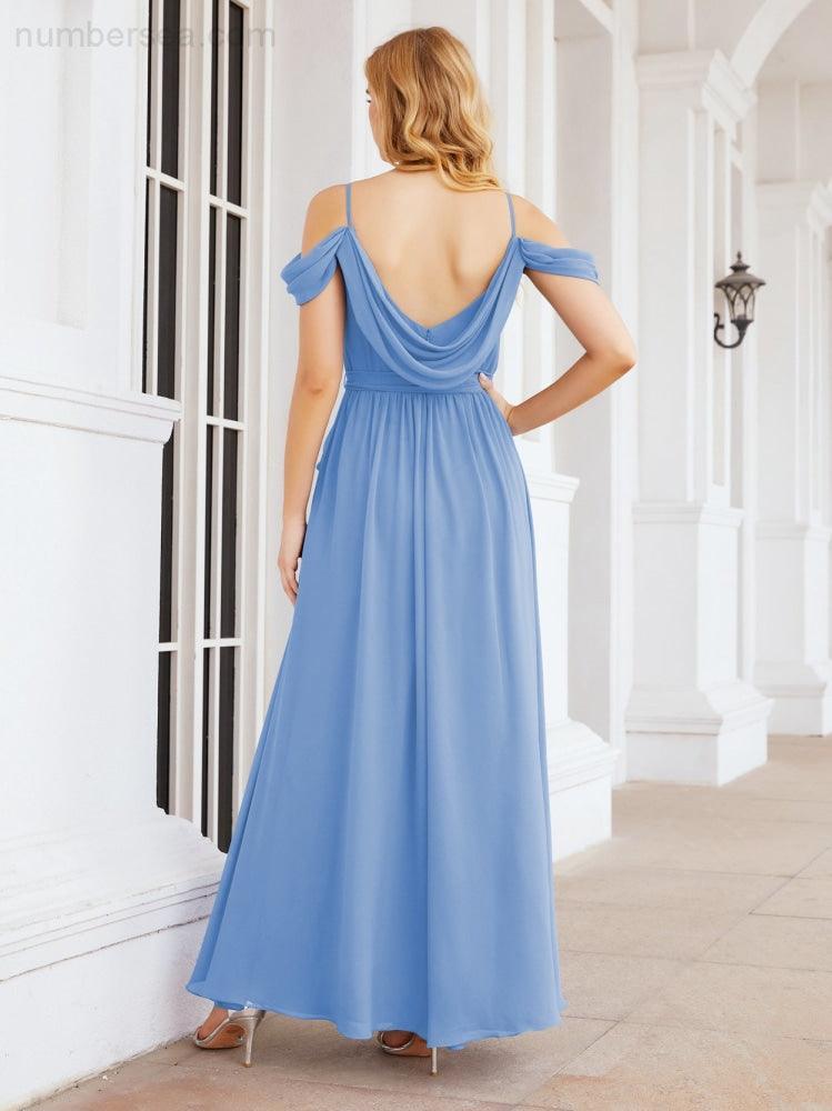 Numbersea Off The Shoulder Chiffon Bridesmaid Dress Long Formal Graduation Gown with Cowl Back 28069-numbersea