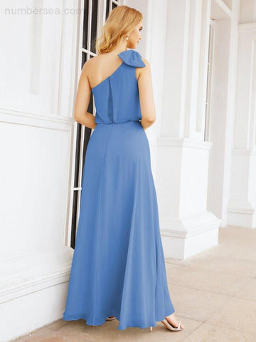 Numbersea Chiffon Ruffled One Shoulder Sleeveless Long Bride Dresses A-line Formal Evening Gown Side Split 28057-numbersea